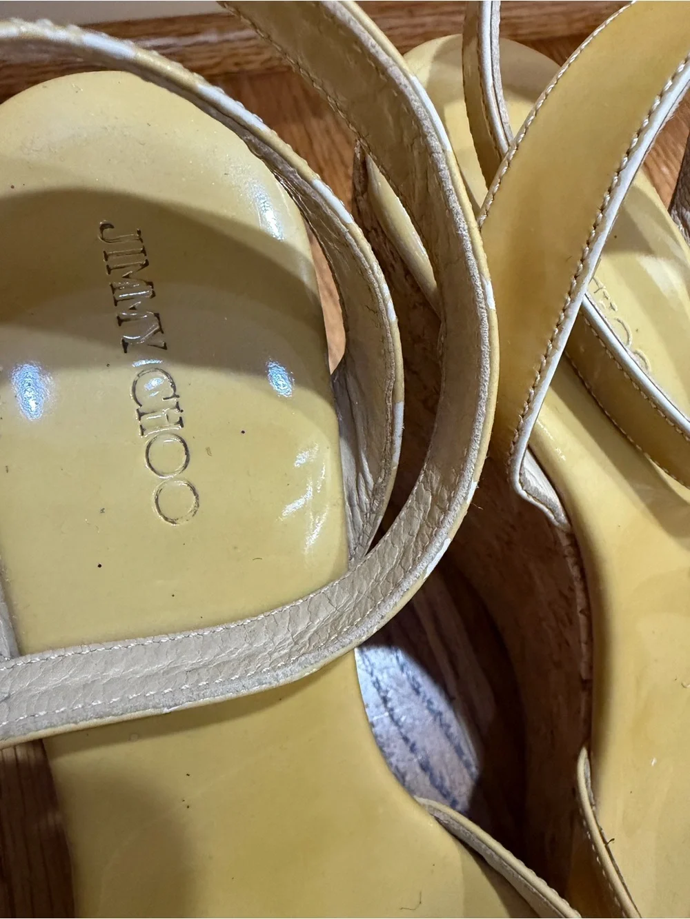 Jimmy Choo Yellow/Tan Patent Cork Wedge Sandals Sz 39